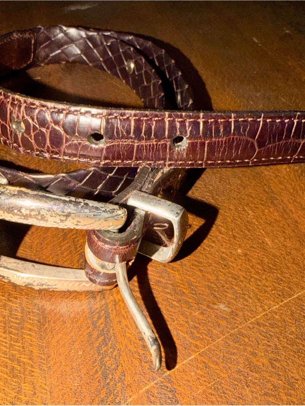 Brighton Dark Brown Croc-Embossed Leather Belt with Silver Tone  Buckle